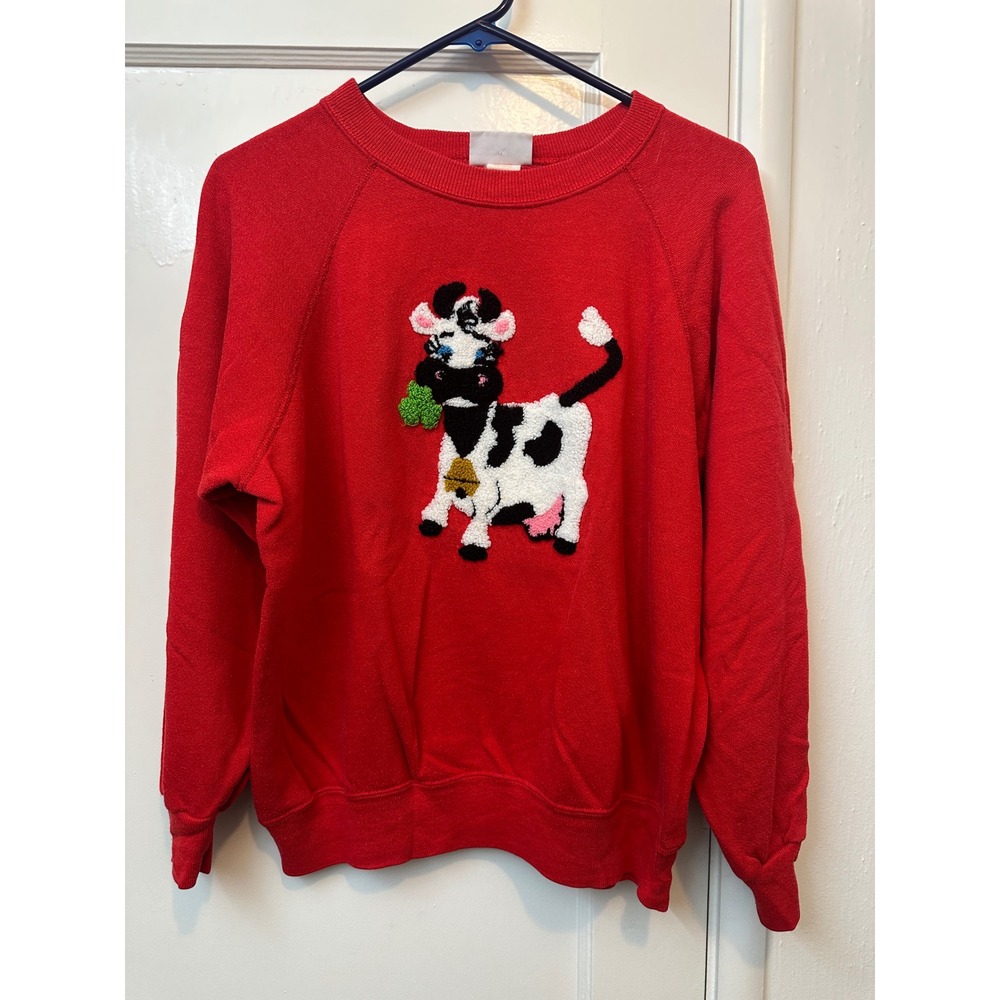 Vintage Bassett-Walker Red Cow Chenille Patch Sweatshirt Made in USA Large